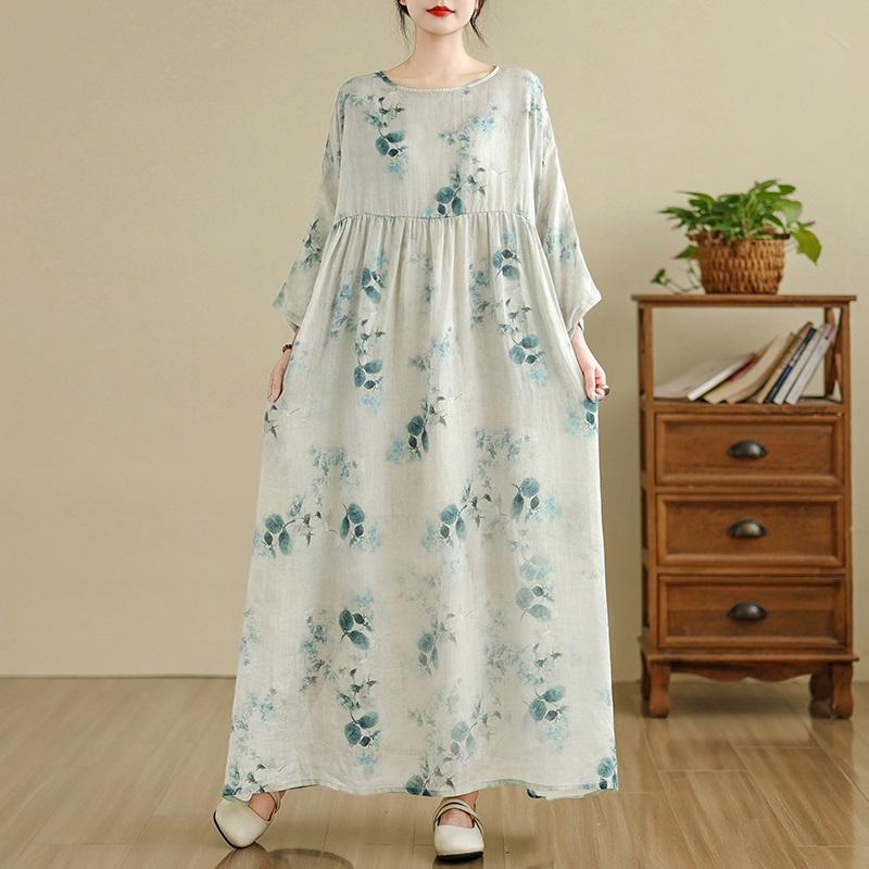 Plus Size Cotton Linen Vintage Floral New In Dresses for Women Casual Loose Long Spring Summer Autumn Dress