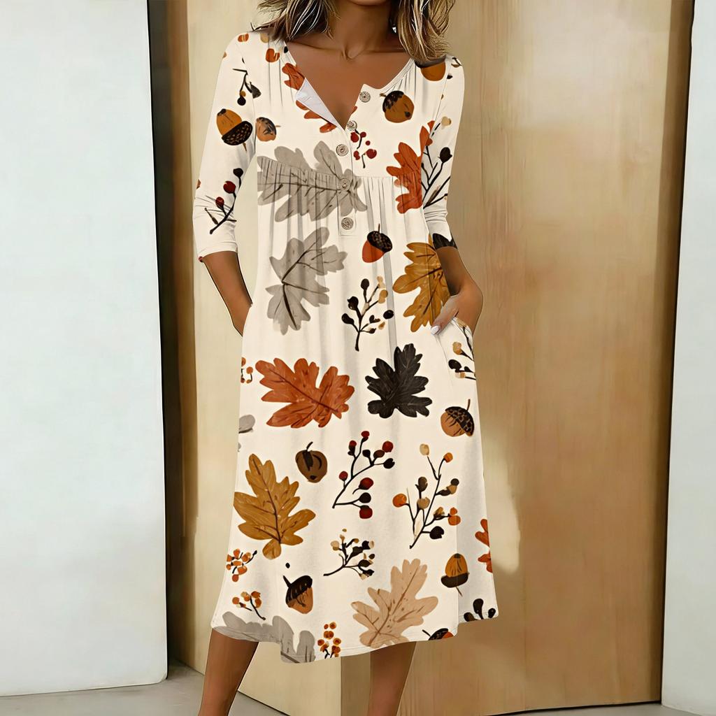 Women's Casual 3/4 Sleeve Button-down Mid-length Dress