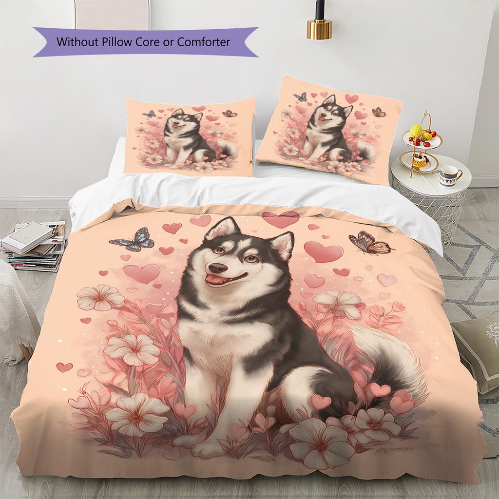 Cartoon Husky Muster Bettwäsche Heimdekoration Geburtstagsgeschenk (1 Bettbezug + 2 Kissenbezüge, ohne Füllung)