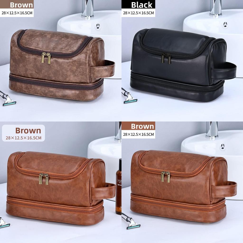 Men Double Layer Travel Toiletry Bag With Waterproof Pu Material For Business And Outdoor Use