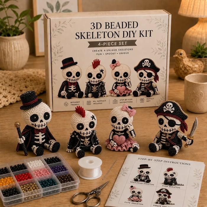 3D Beaded Skeleton DIY Kit 4-Piece Set Create Unique Skeleton Figures with Beads and Wire Frame Includes Instructions for Crafting and Display