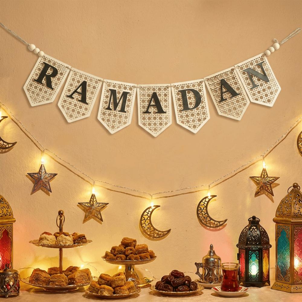 Hollowed Ramadan Decor Pendant Rustic Islamic Flag Garland Wooden Letter Banner  Islamic Festival