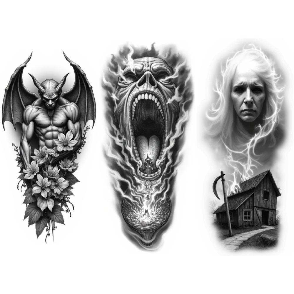 3pcs Temporary Tattoo Realistic Temporary Tattoos Hooded Figure Skull Art Tattoo Designs For Thighs Women Men