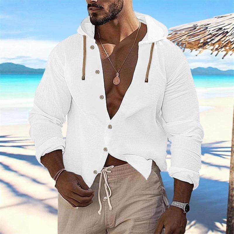 New Spring Summer Men's Hooded Inch Shirt Solid Color Cotton Linen Men's Casual Long-sleeved Button Spliced Hooded Top