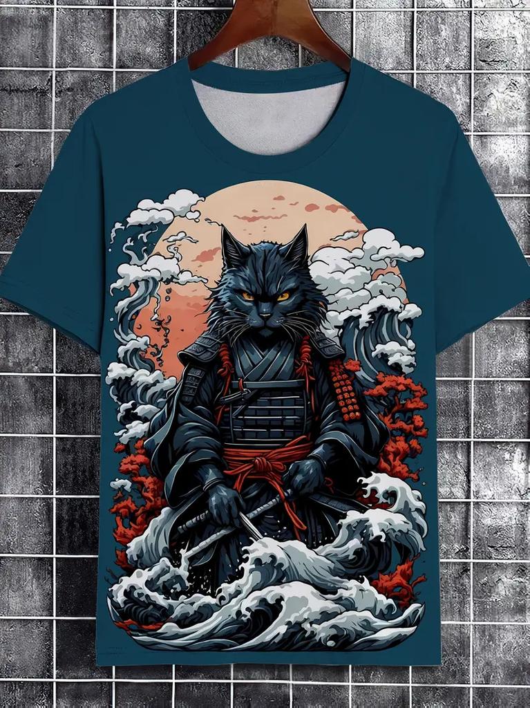 Men's T-Shirt Japanese Style Samurai Pattern Printed Casual O-Neck Loose Street Short Sleeved Tees Tops Male Oversized T Shirt