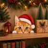 Desktop Cat Figurine Cute Shelf Sitter, Wooden Christmas Hat Peeking Desk Figurine, Funny Animal Small Statue Sign, Lover Gift for Holiday Home Office