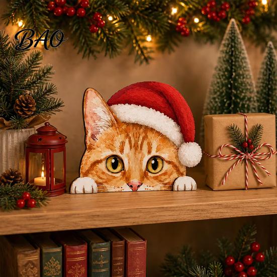 Desktop Cat Figurine Cute Shelf Sitter, Wooden Christmas Hat Peeking Desk Figurine, Funny Animal Small Statue Sign, Lover Gift for Holiday Home Office