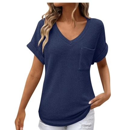 VEZFAA Damenmode, lässig, Sommer, Frühling, einfarbig, bedruckt, kurzärmelig, V-Ausschnitt, Blusen und Hemden