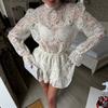 Dantelă guler înalt gol maneci clopot culoare solidă design two-piece fustă tort femei