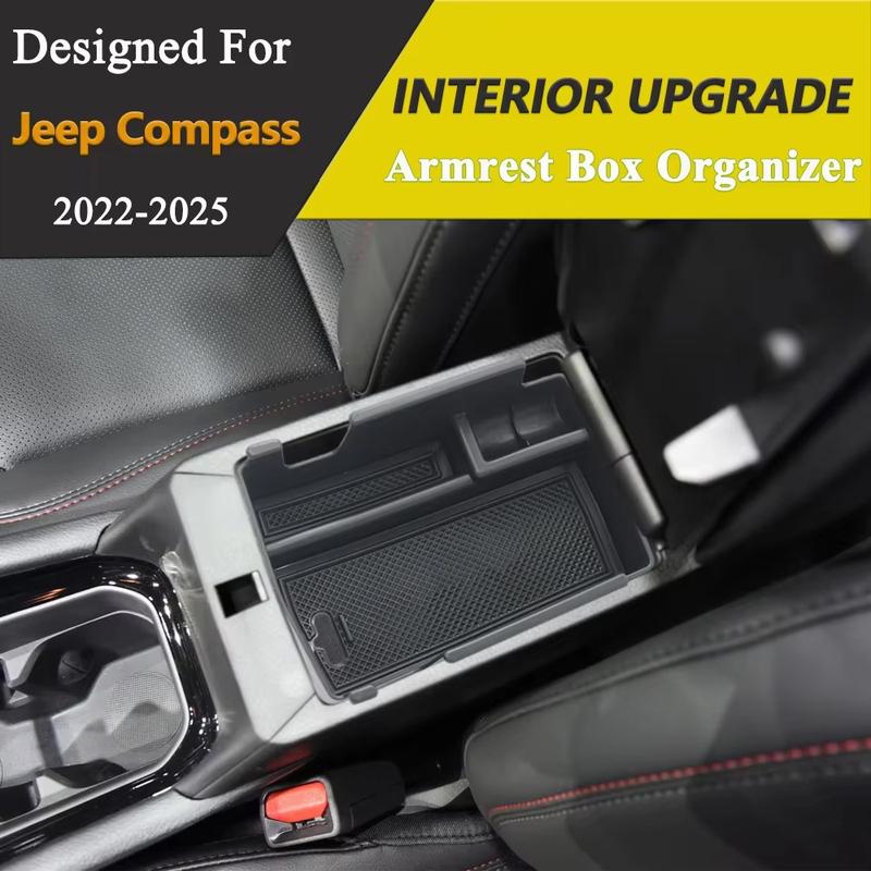 Centrol Armrest Box Storage Organizer Tray for Jeep Compass -2025 Storage Tidying Box Black Interior Car Accessories ABS