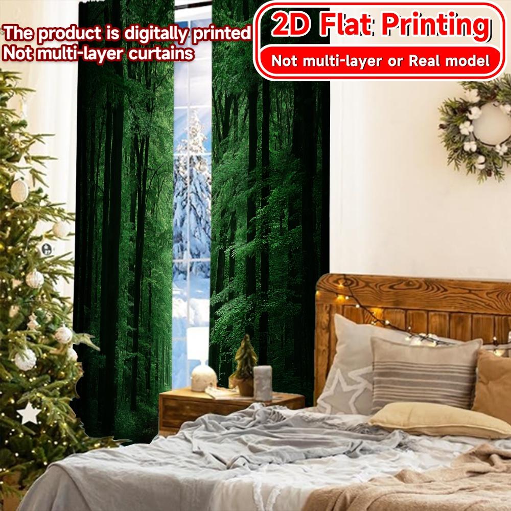 2D FLAT PRINTING 2pcs Curtains (Without Rod) Lush Green Forest Scene Holiday New year Printed Curtains Prints Light Filtering