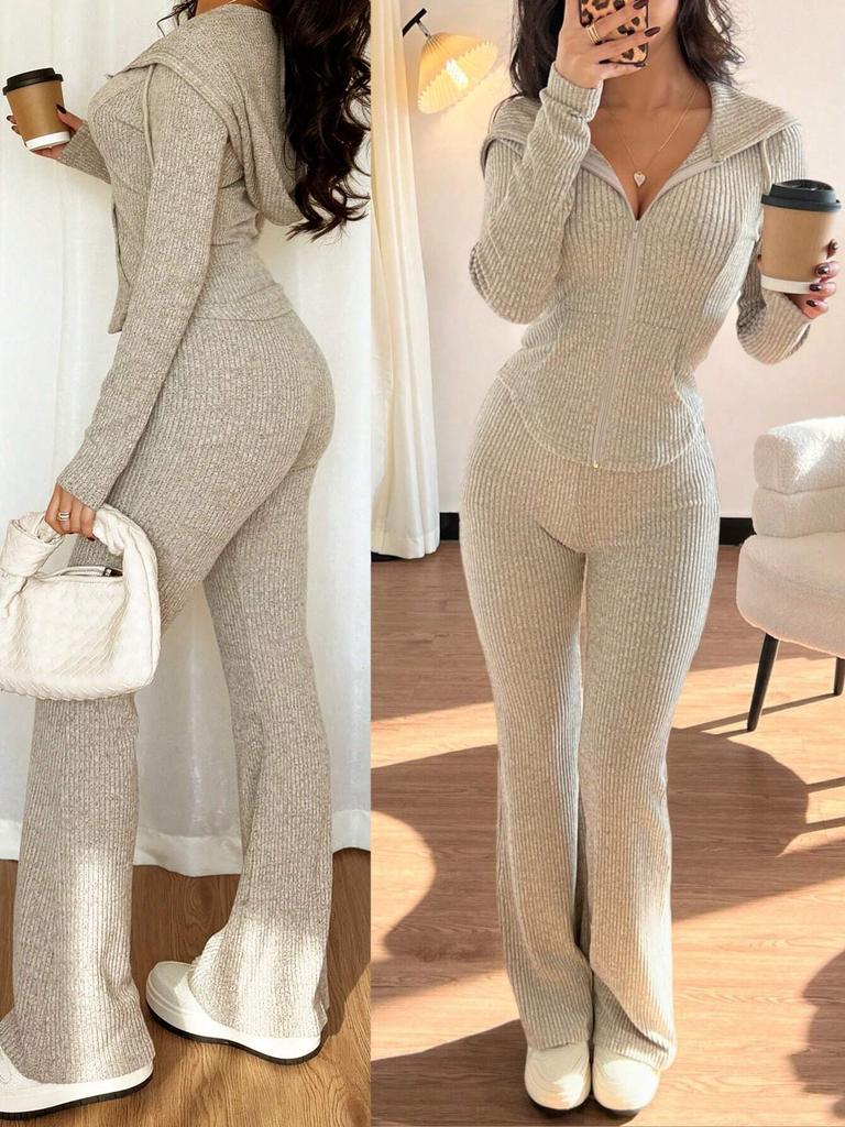 Women's Grey Hooded Zip Front Jumpsuit with Flare Leg