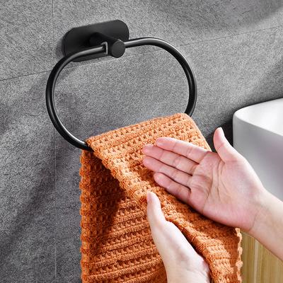Stainless Steel Towel Holder Self-adhesive Bathroom Towels Rack Black Washhand Hanger Ring Rail Bar Kitchen Storage Accessories