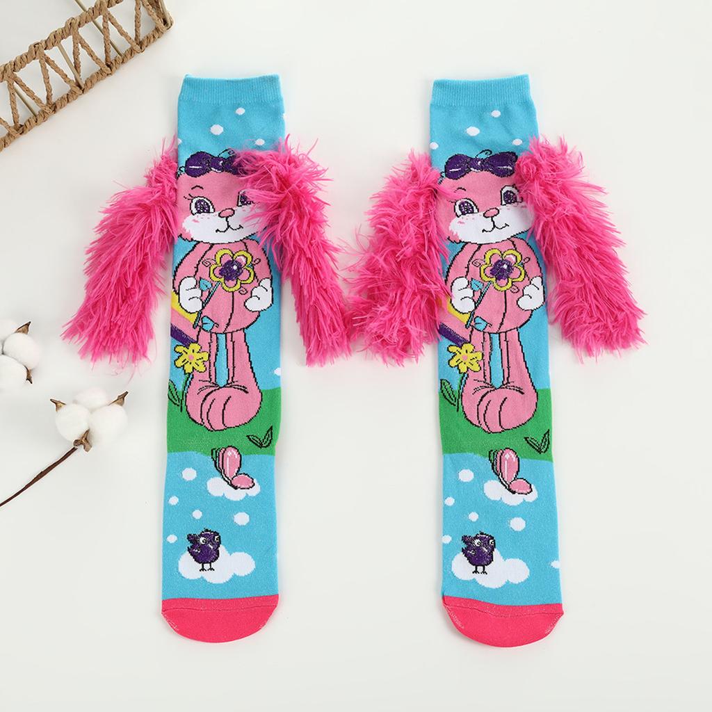 Cute 3D Cartoon Animal Socks With Plush Ears, Mid-calf , Suitable For Everyday Wear And Casual Cotton Socks.