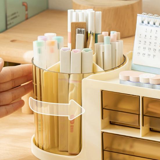Pen Holder with Drawer Desk Organizer Transparent Rotatable Design Large Capacity Pencil Pen Holder Storage Box