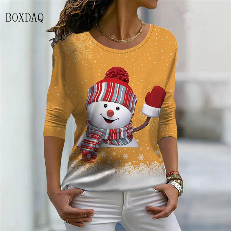 Christmas Snowman Pattern Women Cartoon T-shirts Long Sleeve 3d Print Christmas Street Ladies Tee 6XL Big Size Casual Cute Tops