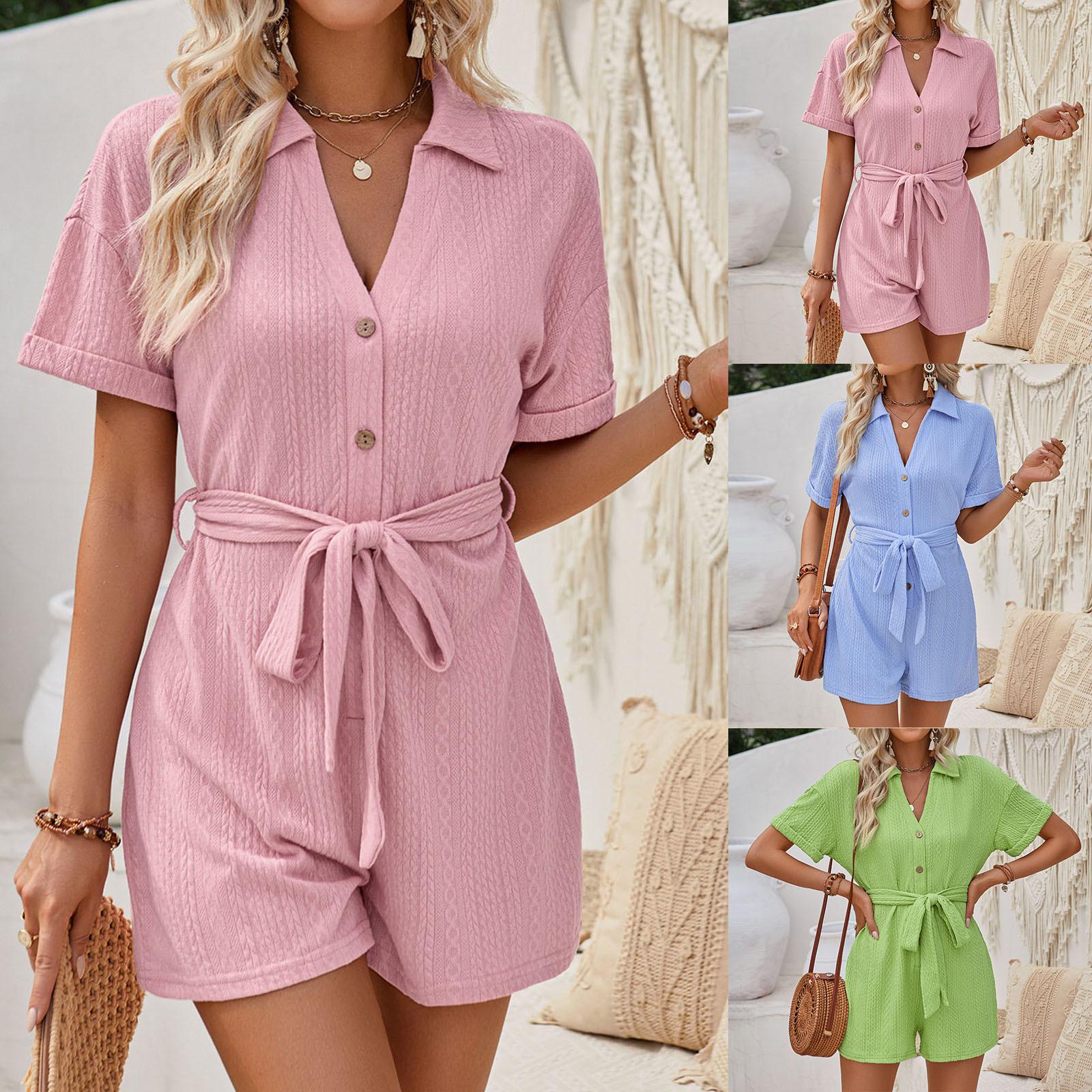 

Женский модный однотонный короткий комбинезон с короткими рукавами и лацканами