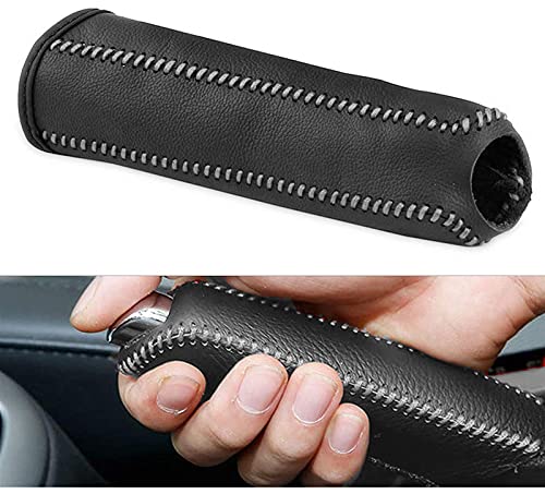 Genuine Leather Side Brake Cover Universal for All Vehicles High Quality Parking Brake Protection (White Stitching)
