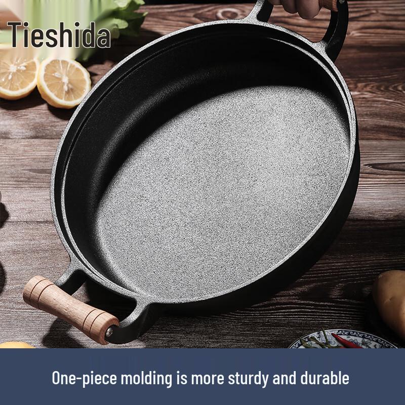 Telssida Cast Iron Frying Pan/Griddle with Wooden Handles