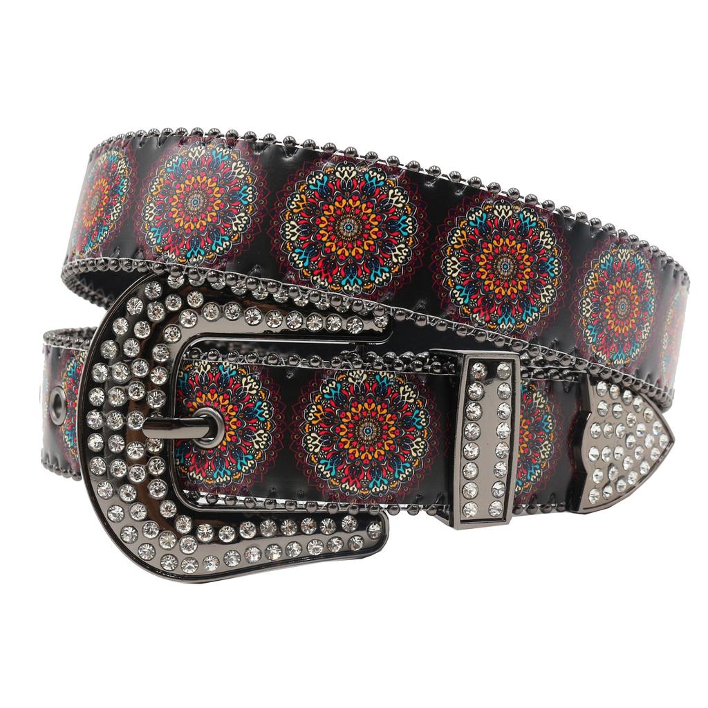 Rhinestone Belt Print Ladies High-end Pattern Women's Belt Retro Literary and Ethnic Style Mandala Pattern Belt