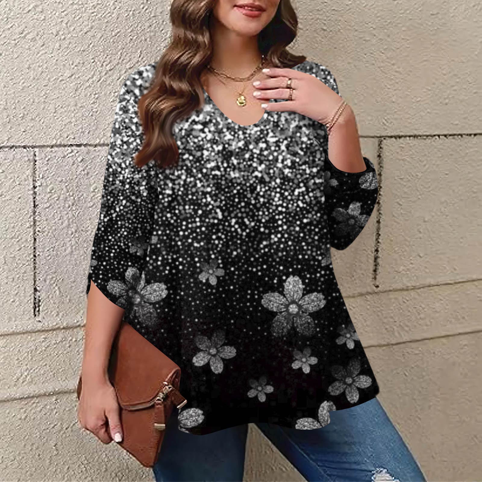 

Жіночий модний топ великого розміру з принтом, повсякденний, плісований, з круглим вирізом і довгими рукавами XXXXXL