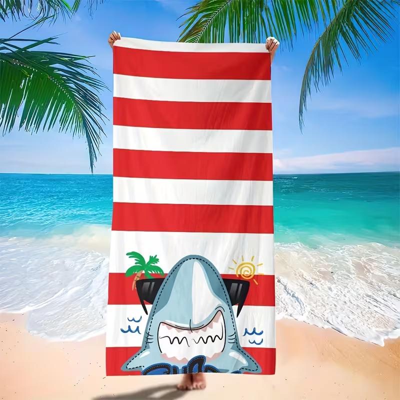 Cartoon Stripe Shark Stripe Print Beach Towel Quick Dry Sand Free Absorbent Towel for Summer Kids Beach Pool