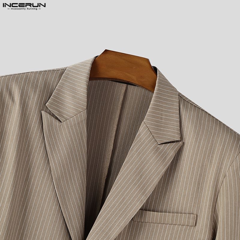 INCERUN Oversized Men Long Sleeve Striped Cutout Irregular Cropped Coats Blazer