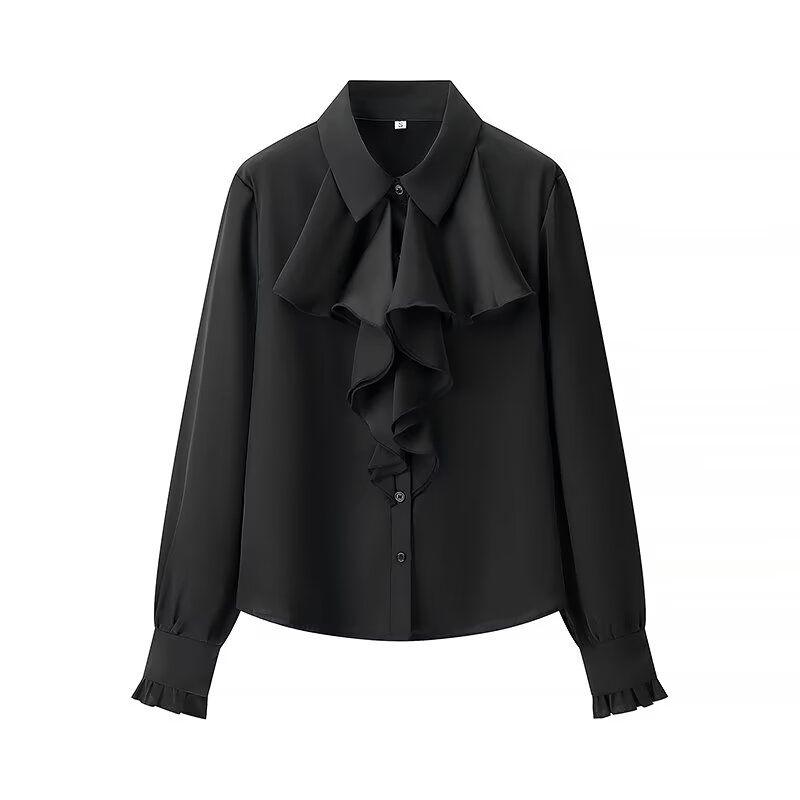 Kaslead New Women clothes Western Style Fashion Silk Satin Texture Frill Long sleeve Shirts