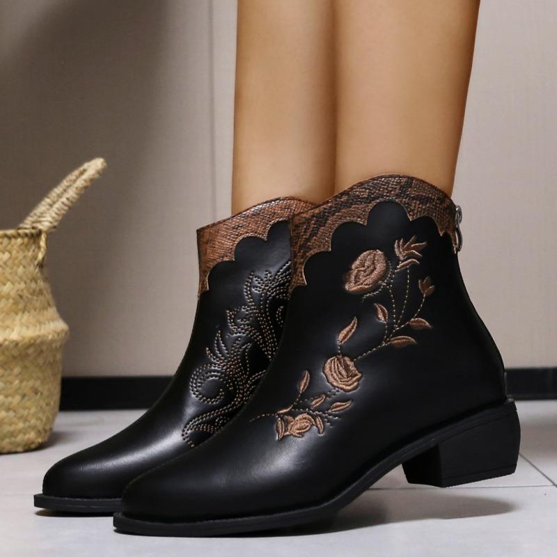 Fashion Women's Thick Heel Cotton Boots New Winter Pointy Back Zipper Embroidery Anti-slip Wear-resistant Short Boots