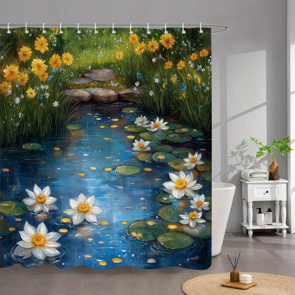 1pc Serene Lily Pond Bath Curtain - Large Polyester Shower Curtain with Lilies, Water Lilies & Rocky Embankment Design, 90x180cm