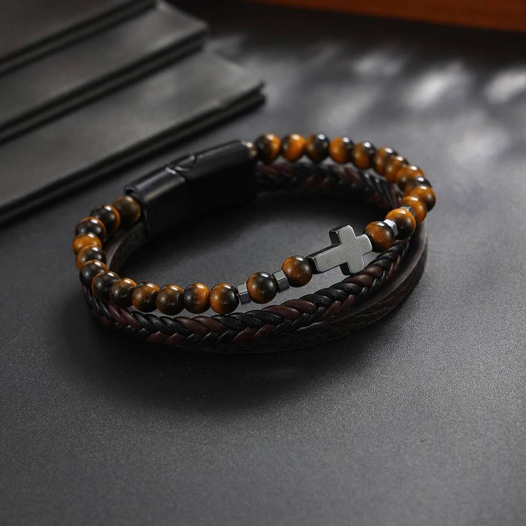 KunJoe Vintage Multi-Layer Woven Bracelet Men Punk Cross Charm Stainless Steel Bracelet Fashion Braided Wrap Wristbands Jewelry