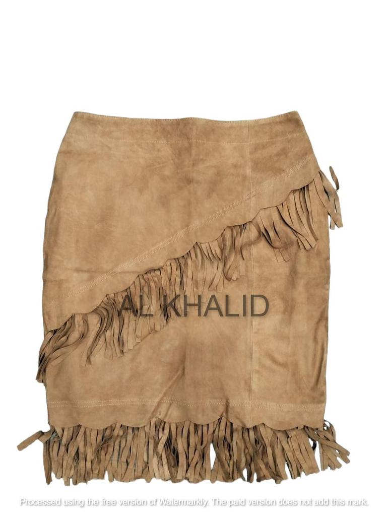 Dámská semišová sukně Tmavě béžová s třásněmi Střední délka Ručně vyrobená z pravé jehněčí kůže Ležérní Stylová Párty