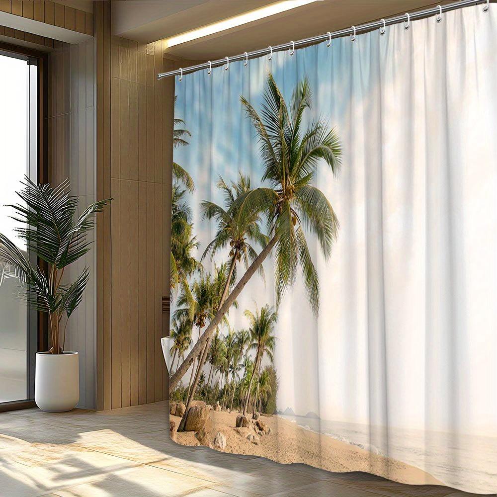 1pc Tropical Beach Shower Curtain - Palm Trees, Sunset & Waves, Tranquil Island Vibes, Polyester,  Bathroom Decor