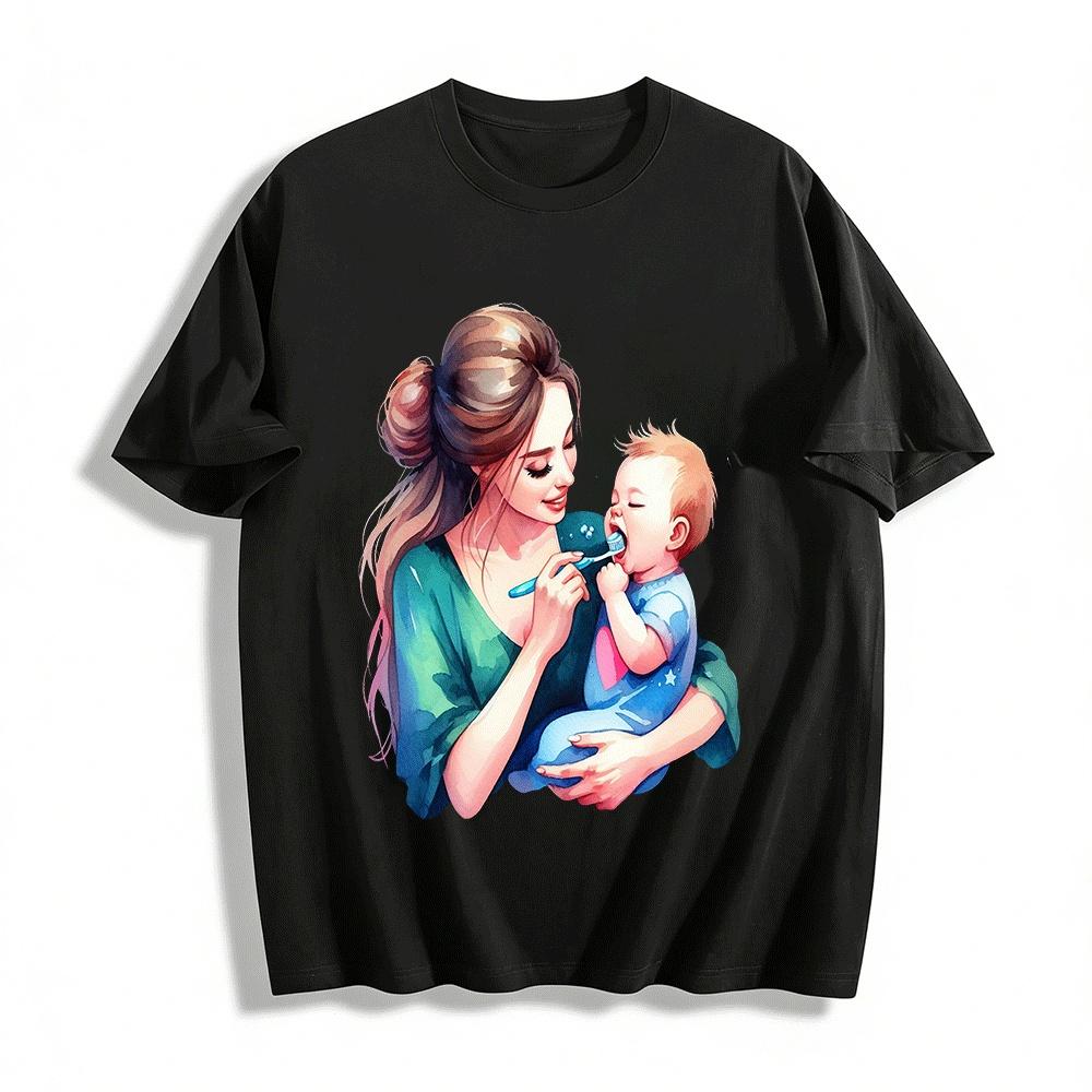 Warm Parent-child Tooth Brushing Printed Adult Top Pure cotton T-shirt XXS