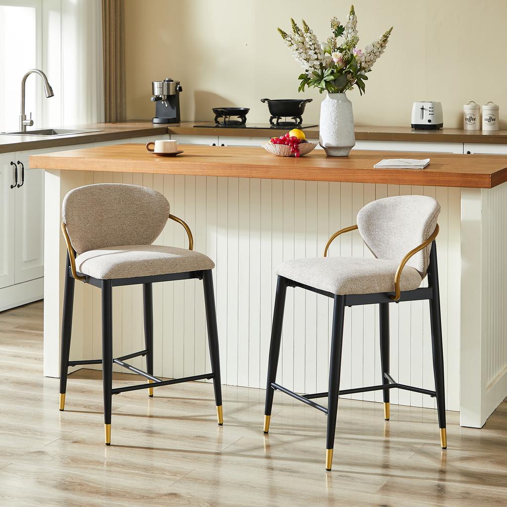 2-Piece Set Bar Stools in Light Brown Chenille, Height-Adjustable, Black-Gold Tall Chairs with Backrest & Leg Rest, Suitable for Kitchen Island & Bar