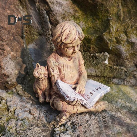 Kids Reading Statue Outdoor Boy Sitting Down Reading Book Figurine with A Cat Resin Yard Art Decoration for Garden Patio Desk Courtyard