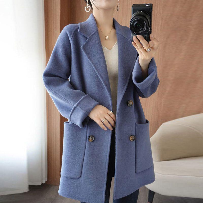 Luksusowy damski dwustronny wełniany płaszcz średniej długości z chenille - Duży rozmiar