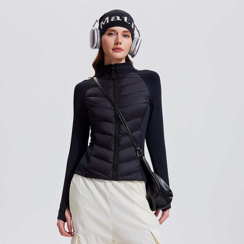 Three-proof sports down jacket women's outdoor running windproof and warm fitness top light and slim stand-up collar ribs jacket