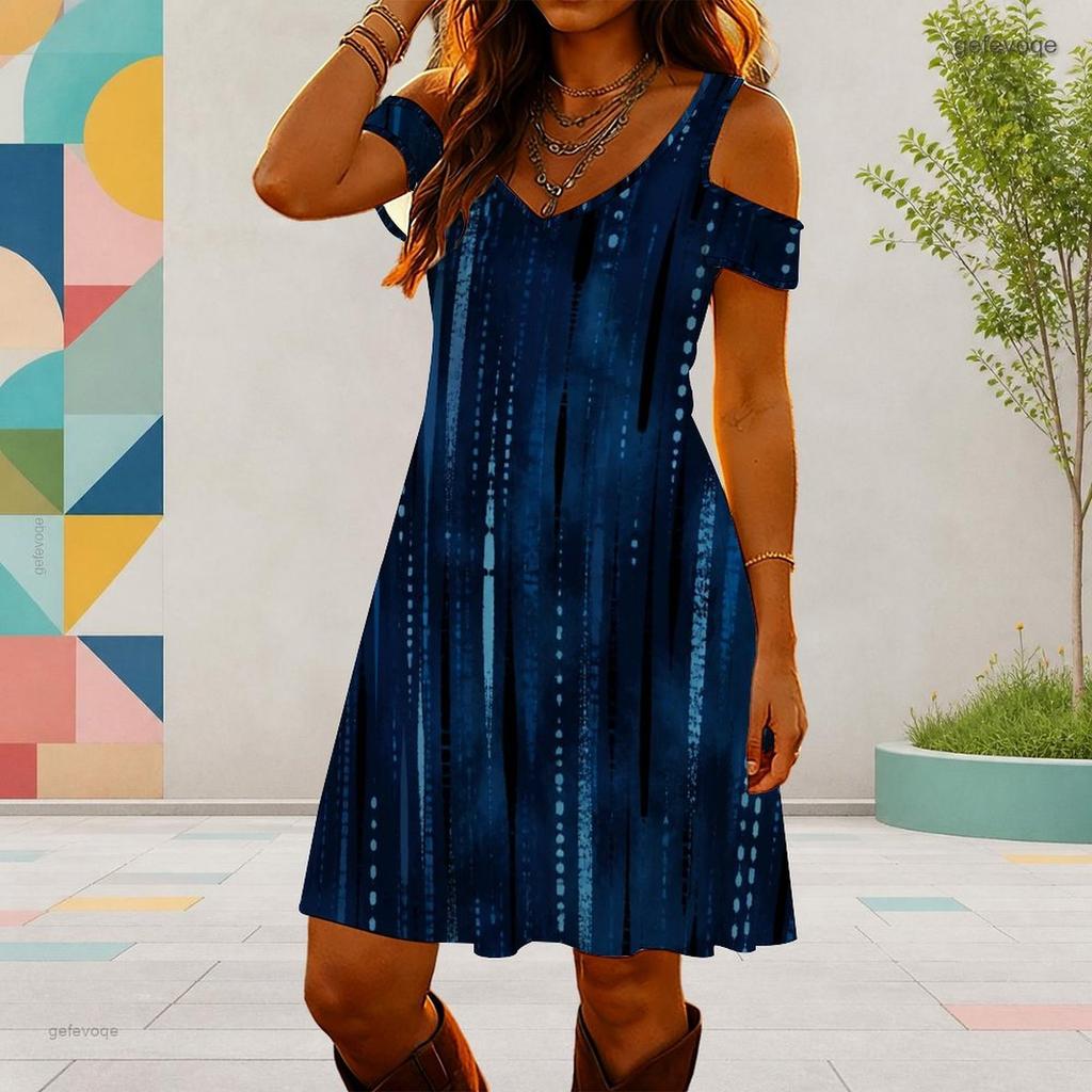Women Plus Size V Neck Cold Shoulder Abstract Printed Short Sleeve Curved Hem Dress