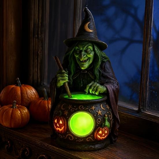 Artesanías de Resina Hechas a Mano Lámpara Caldero de Bruja de Halloween, Adorno de Estatua, Accesorios de Habitación Artísticos Decorativos Espeluznantes Luz para Escritorio Mesa