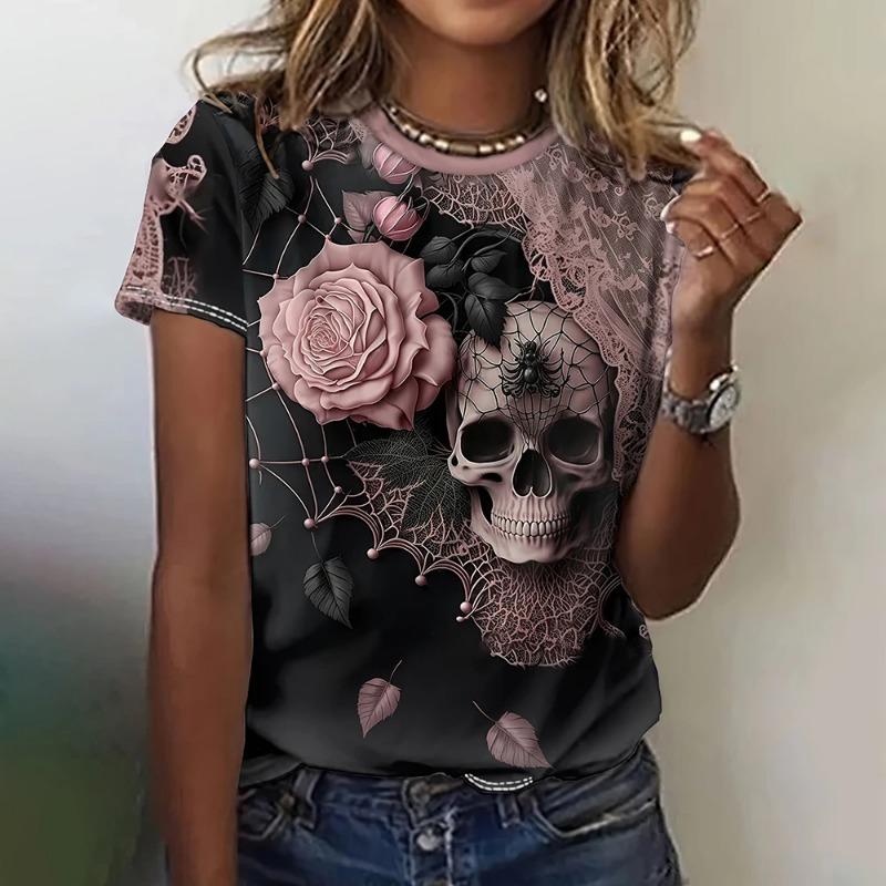 Funny 3D Skulls Print Women's T-Shirts Hip Hop Gothic Harajuku Female Clothing Fashion Rose Short Sleeve Casual O-neck Loose Top