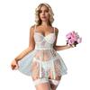 2 Pcs/Set Nightdress Underpants Set See-through Lace Floral Embroidery A-line Hem Thin Mesh Heart Applique Wired Bra Bedroom Honeymoon Sleepwear