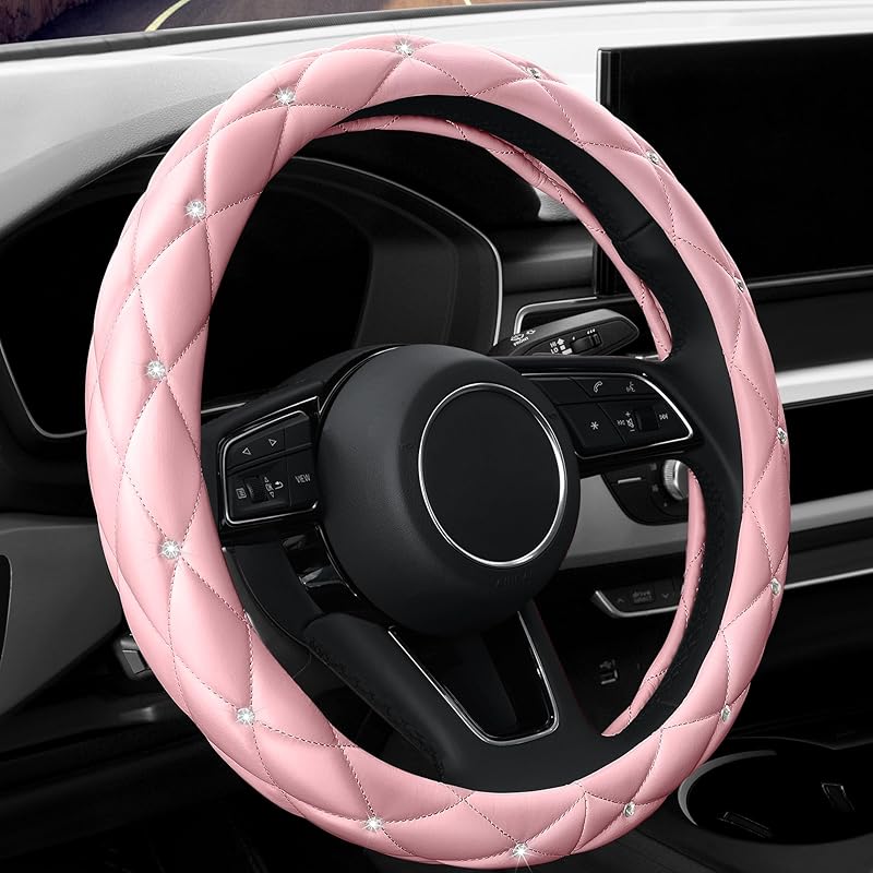 YOGURTCK Diamond Soft Leather Anti-Slip Steering Wheel Cover with Bling Bling Crystal Rhinestones, Universal 15 Inch for Women Girls, Fit Vehicles,