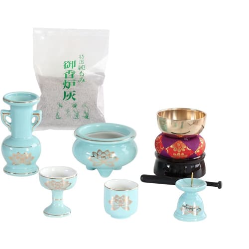 5-piece Celadon and Gold Lotus Ceramic Buddhist Altar Set + Bell Set with Incense Burner Ashes for Modern Mini Buddhist Altars