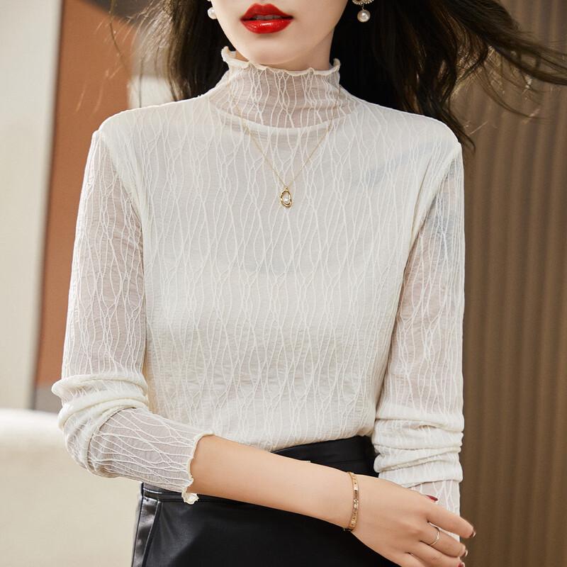 Hangyige Women s Slim-Fit Semi-High Collar Lace Mesh Base Layer Top L