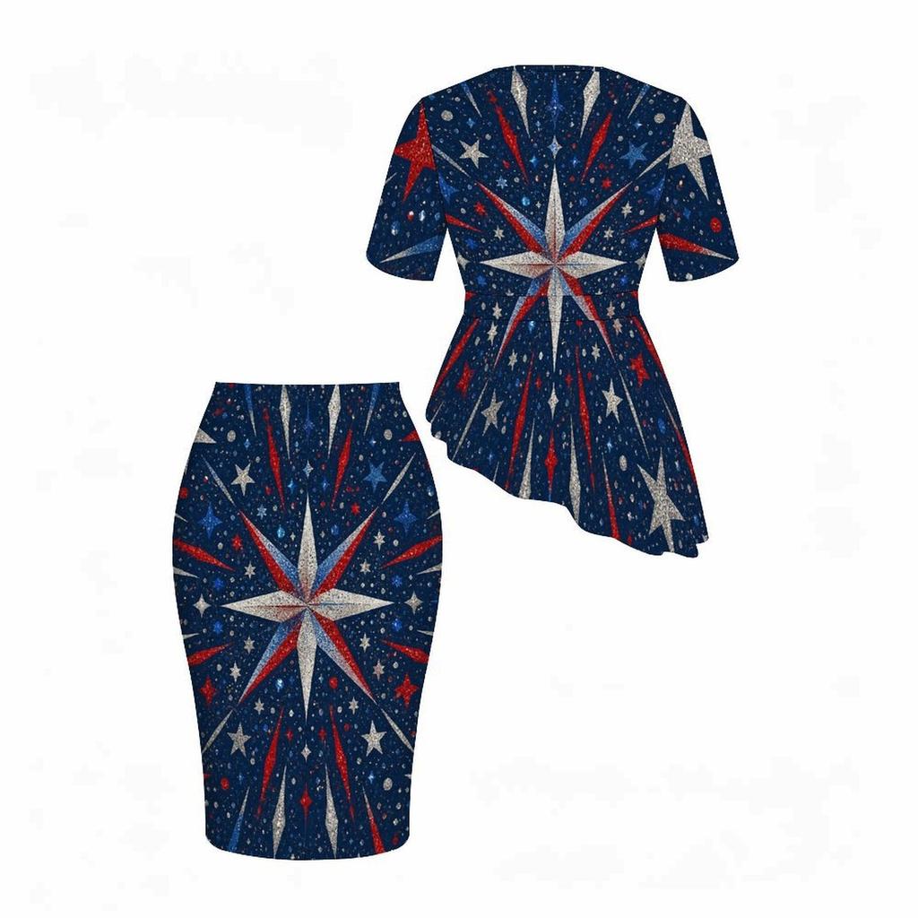 Women Plus Size White Star Printed Round Neck Short Sleeve Two Piece Set Asymmetric Top Pencil Skirt