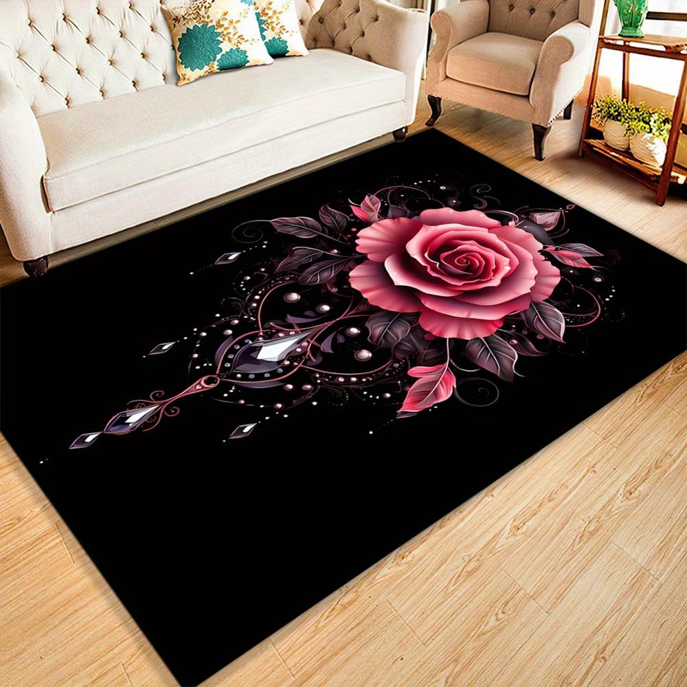 

[Crystal Velvet Rose Area Rug] Crystal Velvet Large Elegant Rose Area Rug - Black with Pink Roses & Green Leaves, 60x90cm