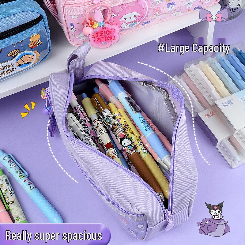 Stylish Double-Layer Canvas Pencil Case for Kids - Cute Badge Design, Large Capacity, Perfect for Primary Students