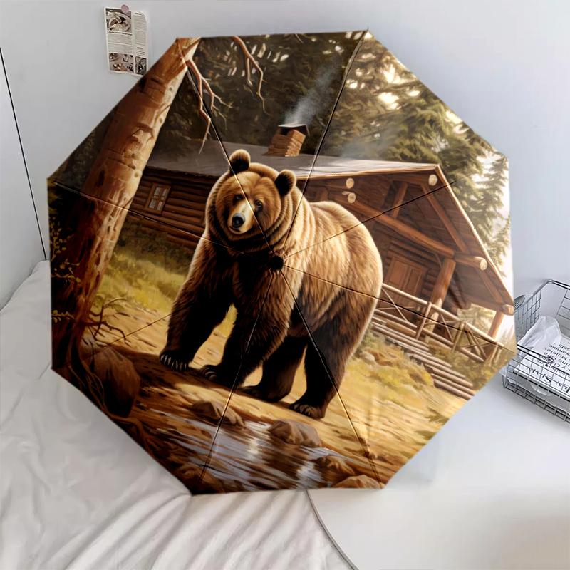 1 PC Automatic Folding Umbrella - Retro Brown Bear Pattern, Portable & Foldable Design with 8 Ribs, Christmas Birthday Gifts