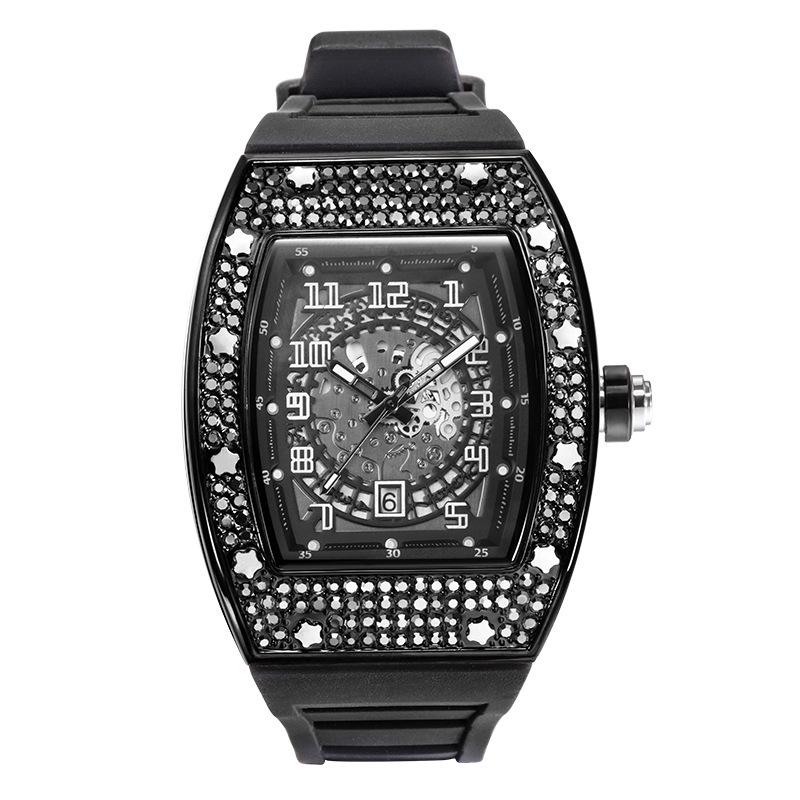 European and American Personality Full of Diamond Barrel Type Silica Gel Strap Quartz Men's Watch